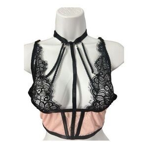 Gothic Pink Black Scalloped Lace Sheer Bra Bralette Size M High Neck Sexy